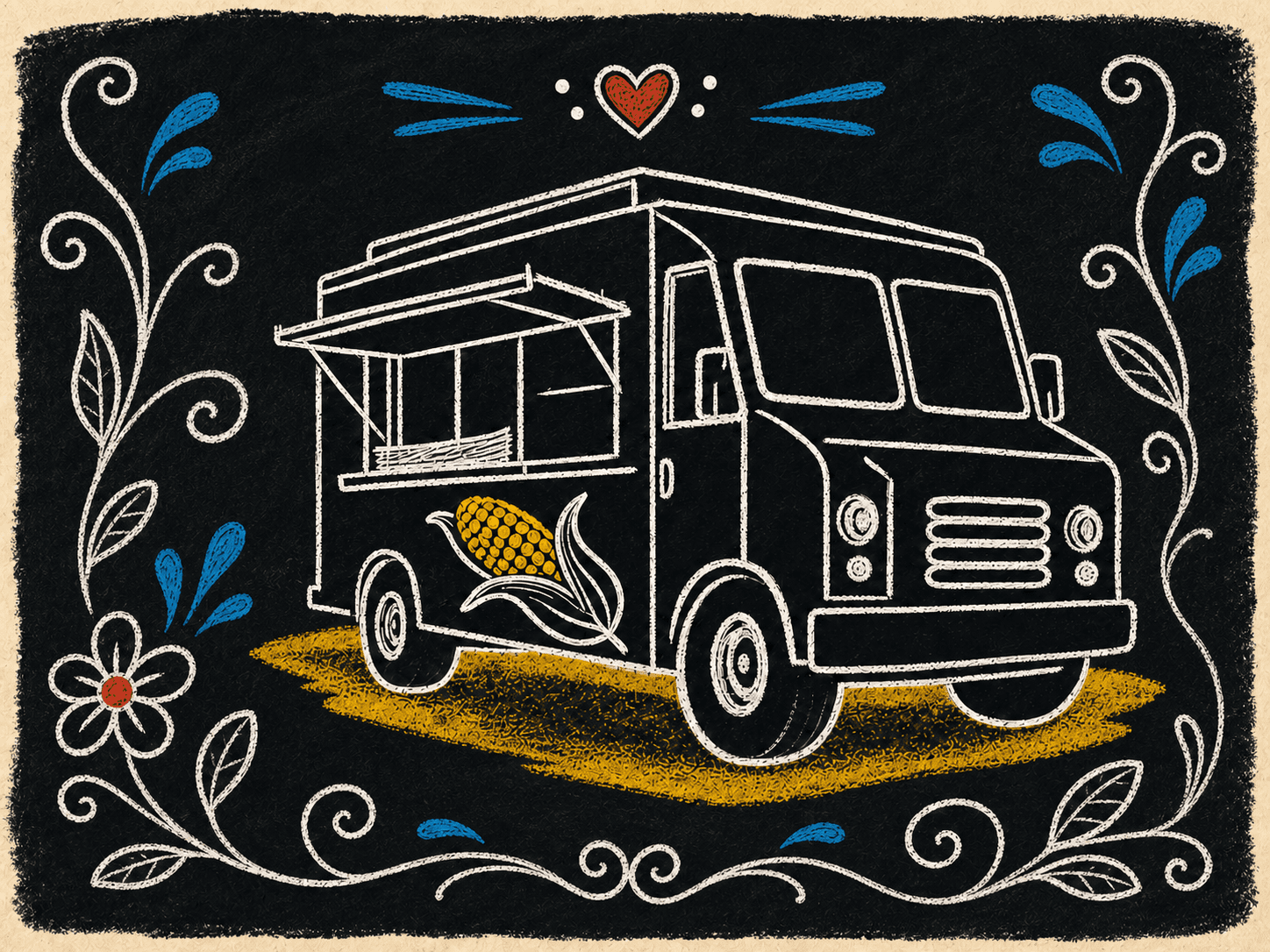 Chalk illustration of a food truck framed by flowers on a blackboard